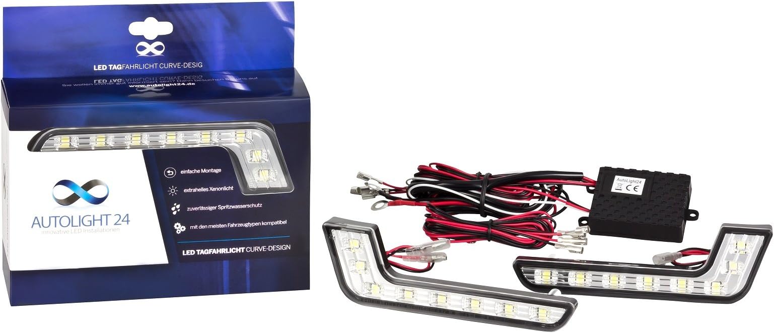 LED daytime running light, L-shape, curved design 12V 8 x SMD LEDs T&Uuml;V (German Technical Inspection Association) R87 module for Mercedes A-Class W176 W168 W169 B-Class T245 W246 CLA C117 CL 203 C-Class W202 W203 W204 C-Coupe C204 E-Coupe C207 E-Class W210 W211 W212 CLK W208 W209 R-Class W251 CLS C219 CLS C218 S-Class W220 W221 CL C215 CL C216 SLK R170 R171 R172 SL R230 R231 GLK X204 M-Class W163 W164 W166 GL-Class X164 X166 Viano/Vito W638 W639 W906