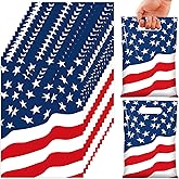 50 Pcs 4th of July Party Favor Bags, American Flag Patriotic Plastic Goodie Treat Bags with Handles, Red White and Blue Gift Bag for Patriotic Independence Veterans Memorial Day Party Supplies