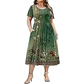 IN'VOLAND Women Plus Size Short Sleeve Dress Loose Summer Casual A-Line Flowy Midi Dresses with Pockets