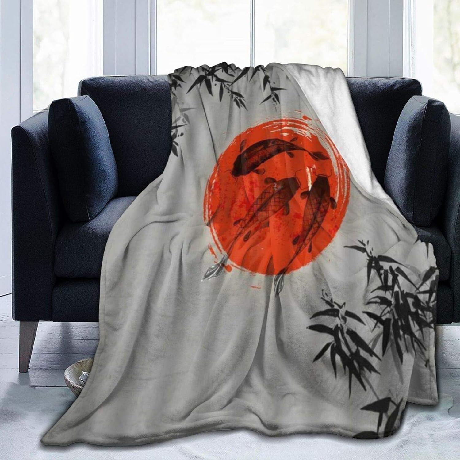 PANILUR Flannel Fleece Soft Throw Blanket,Japanese Ink Koi Sun Bamboo