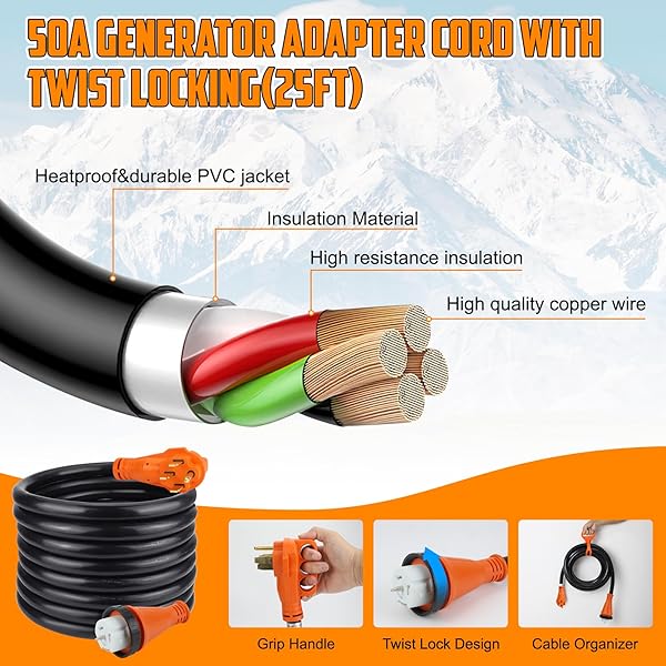 TIPHOPE 50AMP GENERATOR CORD 25FT AND POWER INLET BOX,125/250V,4 PRONG NEMA 14-50P TO SS2-50R GENERATOR CABLE WITH NEMA SS2-50P PRE-DRILLED GENERATOR INLET BOX FOR GENERATOR TO HOUSE,WATERPROOF