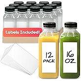 Reli. Plastic Juice Bottles [12 Pack] [16 oz] Square 16 oz Plastic Bottles with Caps & Sticker Labels | Clear, Empty for Drinks 16oz | Disposable, Reusable Containers for Juicing, Smoothies