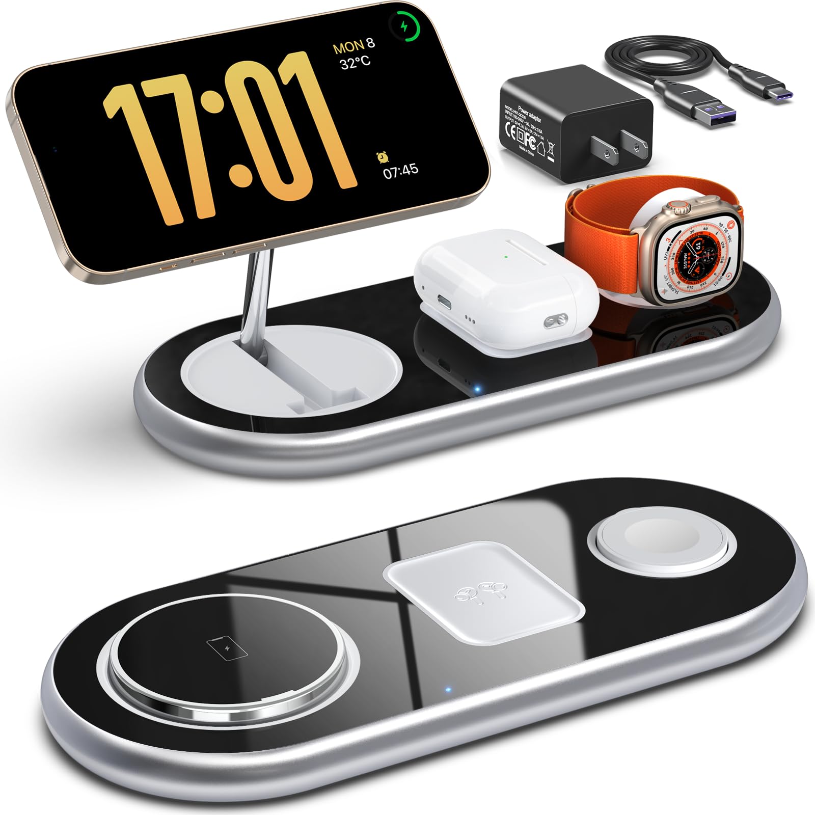 Photo 1 of 3 in 1 Charging Station for Apple Devices, Faster Mag-Safe Charger Stand, Magnetic Wireless Charger Station for iPhone 17 16 15 14 13 12 Pro Max Plus, Apple Watch iwacth & AirPods, Adjustable Angle