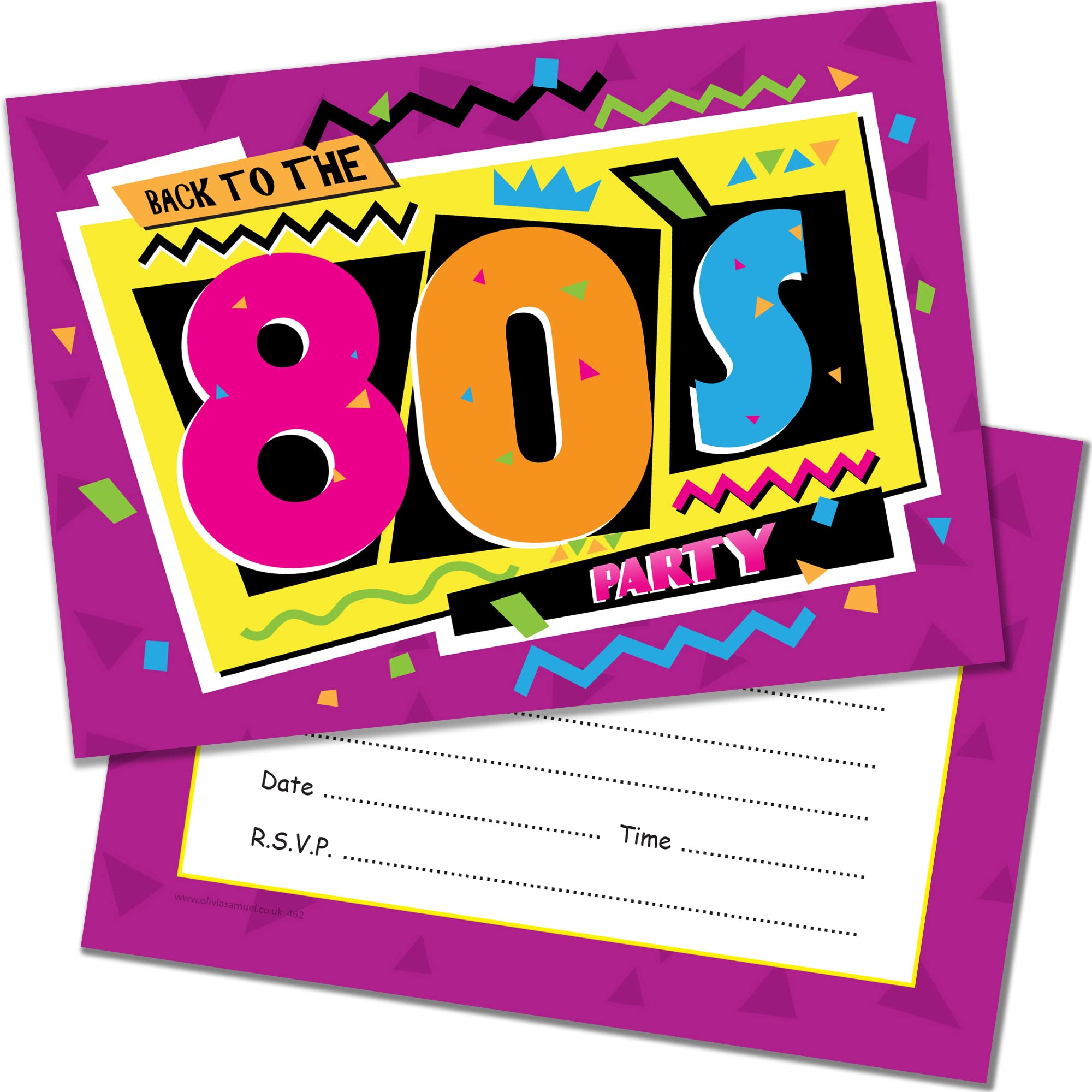 Olivia Samuel 20 x 1980s Themed Party Invites - Ready to Write with Envelopes - Designed and Printed in the UK