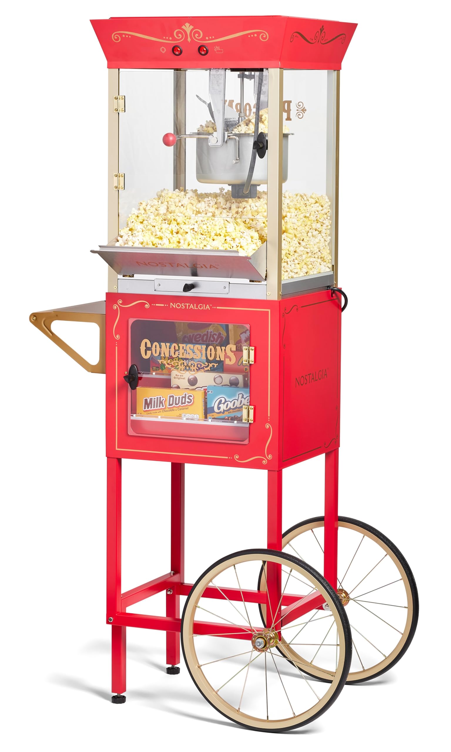 Nostalgia Popcorn Maker Professional Cart, 10 Oz Kettle Makes Up to 40 Cups, Vintage Movie Theater Popcorn Machine with Interior Light, Measuring Spoons and Scoop, Red