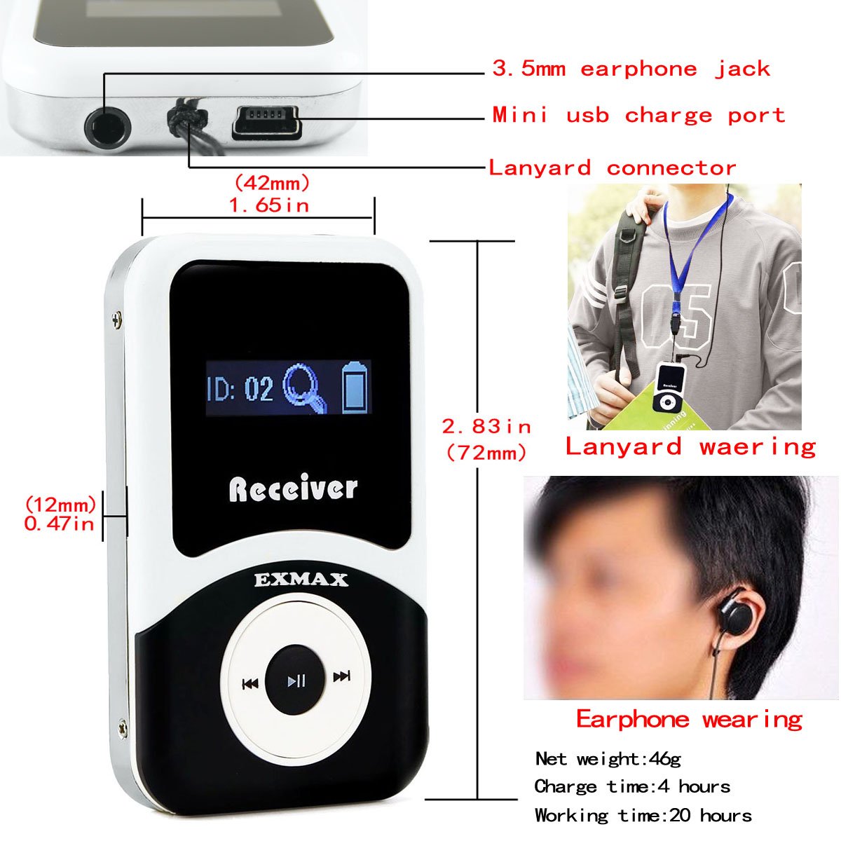 EXMAX ATG-100T 195MHz Wireless Tour Guide System Headsets Voice Transmission For Simultaneous Church Translation Translator Interpretation Equipment Teaching Conference Trip(1 Transmitter 6 Receivers)