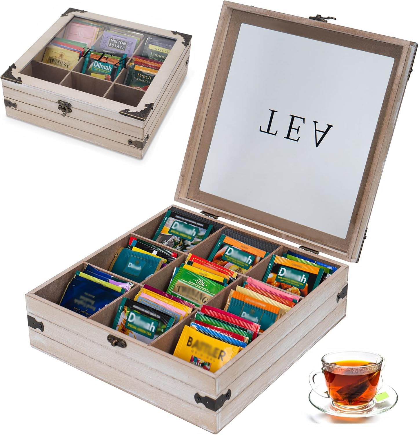 AHUA Tea Box, Wooden Tea Storage Box, Wood Tea Organizer Wood Tea Chest, 9-Compartment Tea Bag Box Holder with Clear Lid for Tea Bags, Creamers, Sugar, Coffee Pods, Instant Coffee Packets