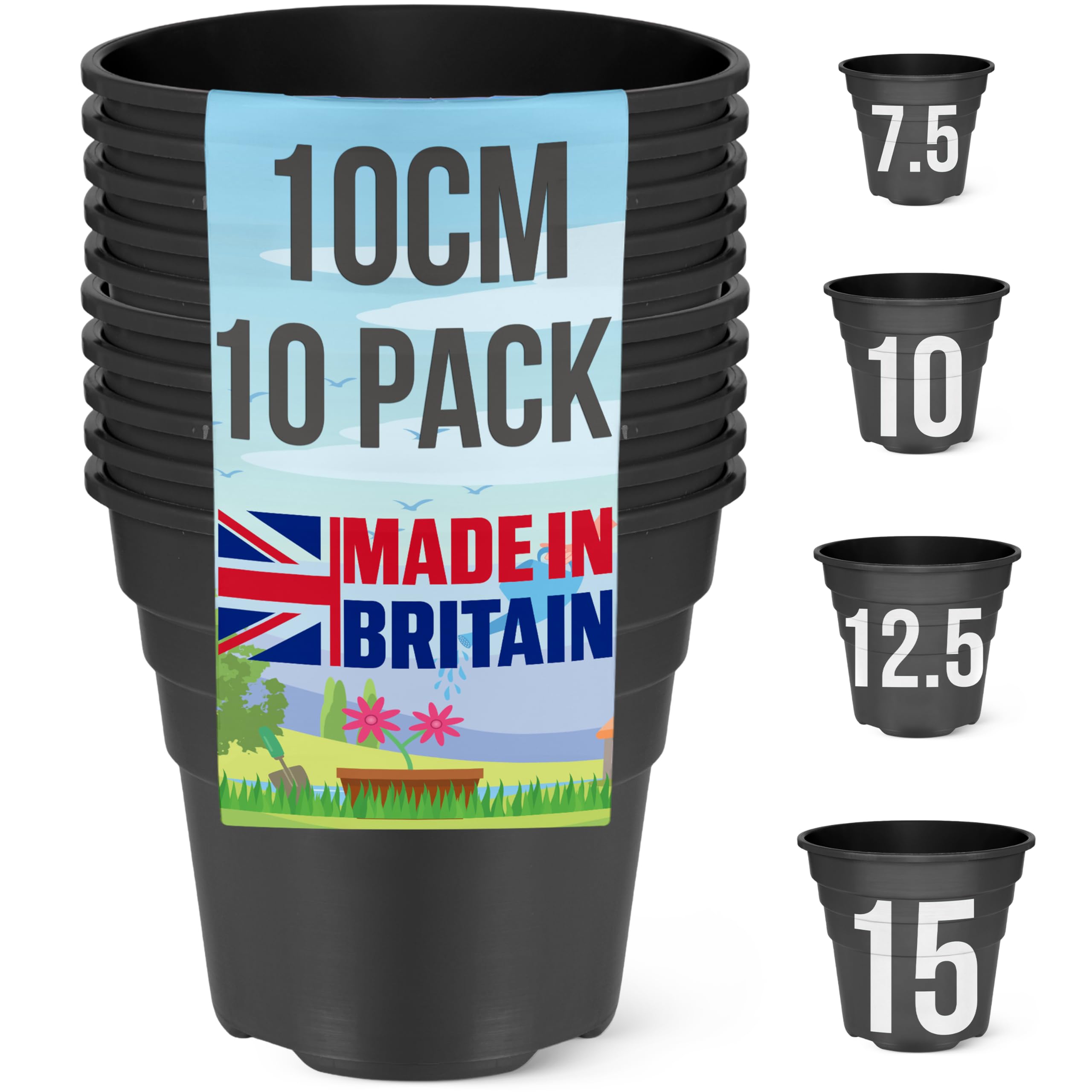 Happy Pots - 10cm Gloss Black - Pack of 10 Premium Plastic Plant Pots - Reusable Flower Pots for Indoor/Outdoor Home Décor Gardening - Round, Heavy Duty, UV Resistant, Recyclable - Made in UK