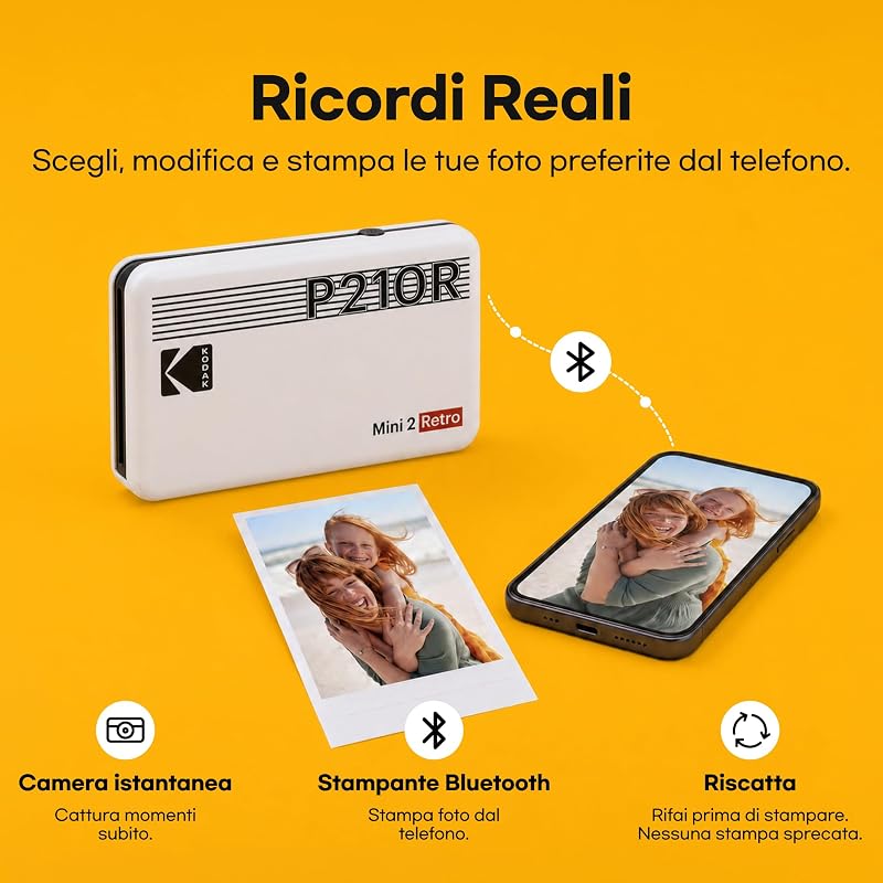 Mini 2 Retro 4PASS Stampante Fotografica Portatile (5.3x8.6cm) + Pacchetto con 38 Fogli, Bianco