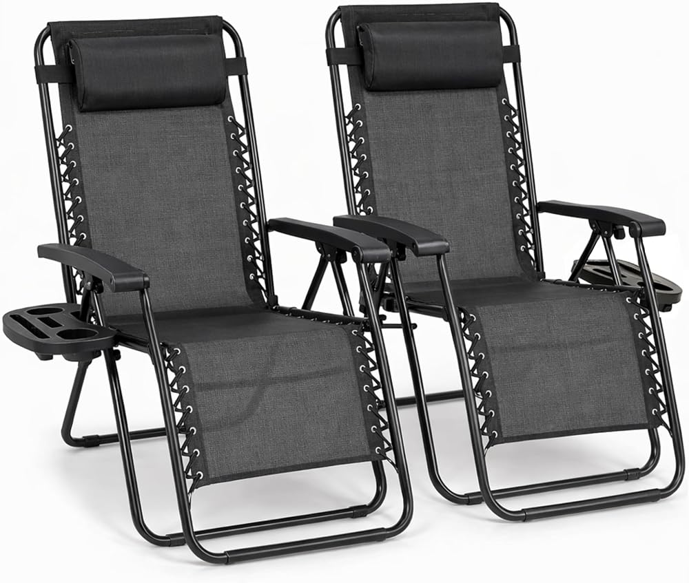 Straame Zero Gravity Chairs Set of 2 Folding Reclining Garden Chairs Black