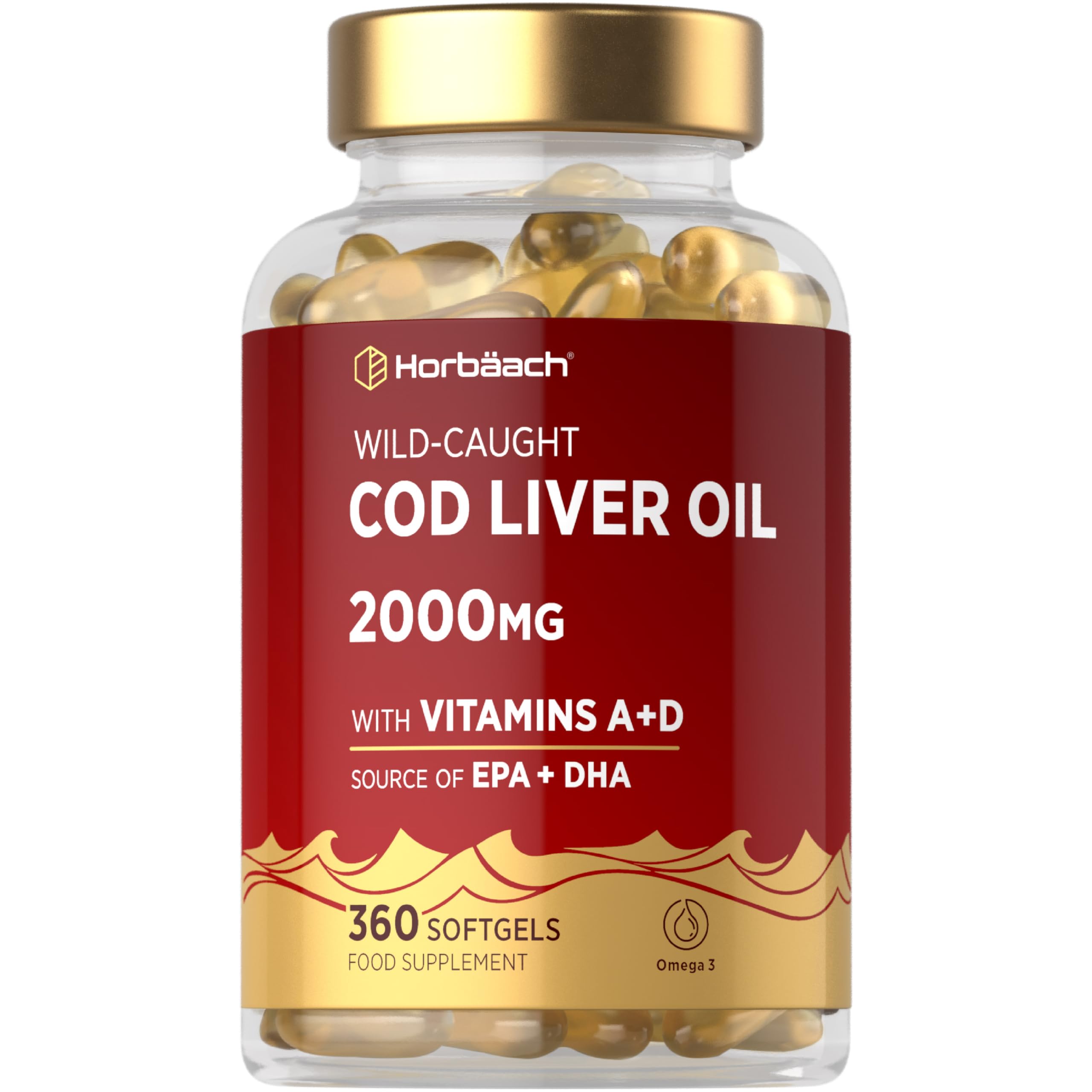 Cod Liver Oil Capsules High Strength | 2000mg | 360 Softgel Pills | Rich in Omega 3, Vitamins A & D | Supplement with 171mg of DHA and 151mg of EPA | by Horbaach