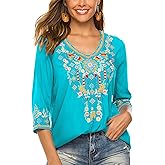 LauraKlein Women's Boho Embroidered Peasant Tops 3/4 Sleeve V Neck Mexican Bohemian Shirts Tunics Blouses