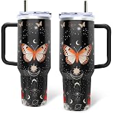 Butterfly 40 oz Goth Tumbler with Handle & Straw, Goth Stainless Steel Cup | Flower Butterfly Water Bottle for Moon Butterfli