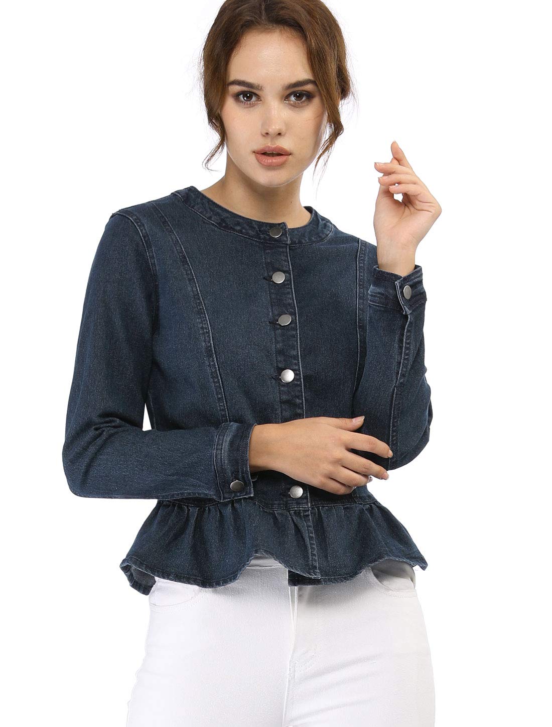 Photo 1 of Allegra K Women's Peplum Button Down Cropped Ruffle Hem Denim Jackets X-Large Blue