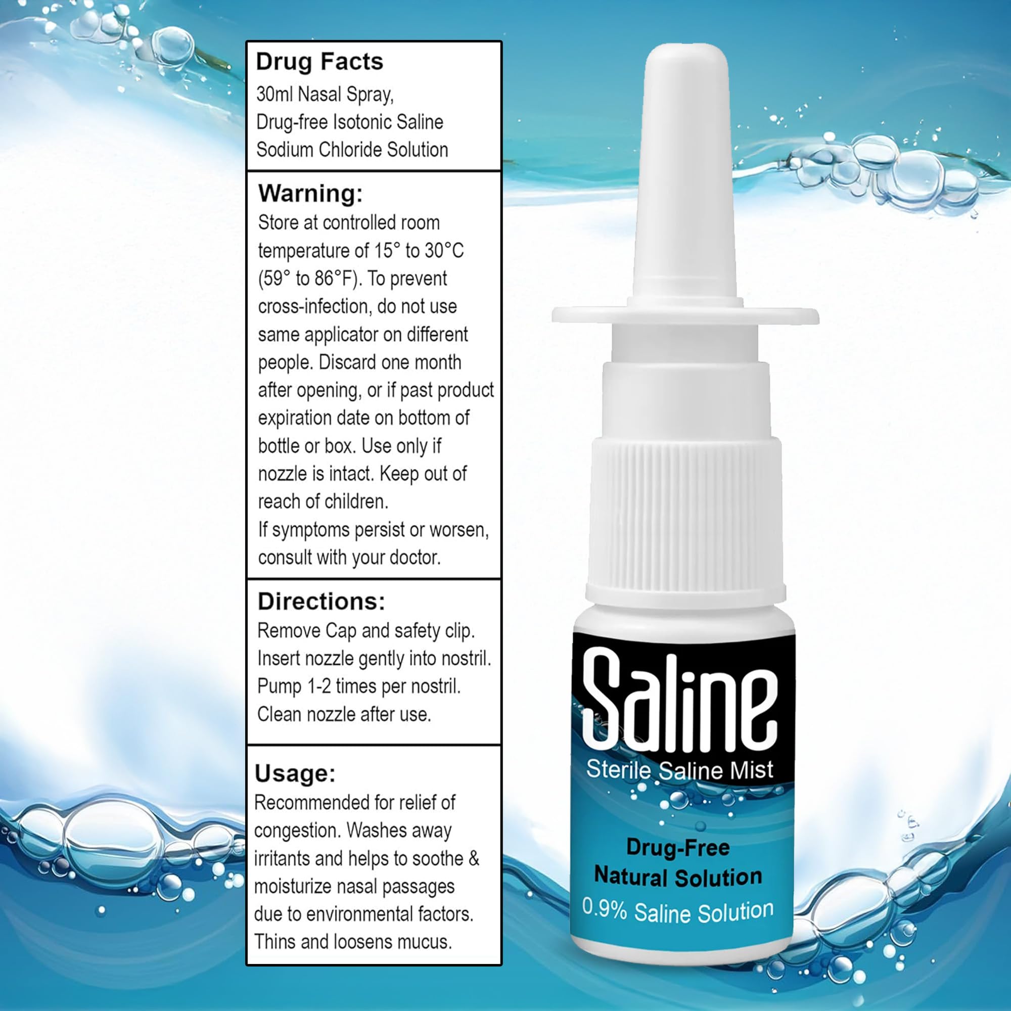 Shusher Care Saline Spray for Nose - Nasal Spray Saline Solution for Newborn, Baby & Adults, Salt Water Decongestant Mist for Stuffy Nose, Travel Friendly, Natural, 0.9% Saline - 30 ml (1.01 fl oz)