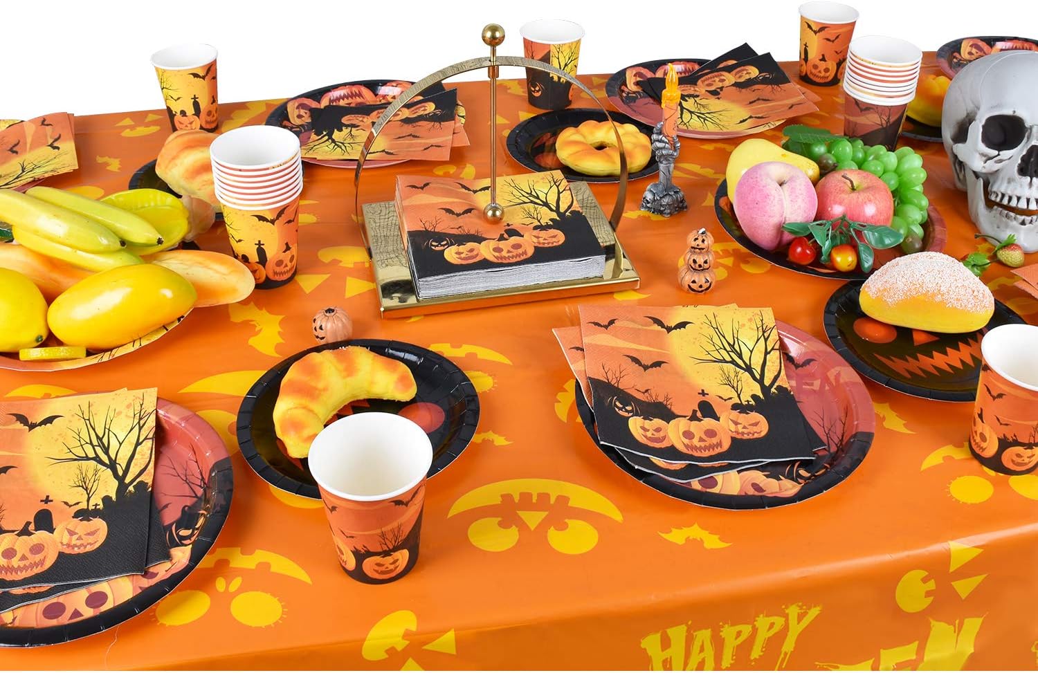 Halloween Plates Cups Napkin Tablecloth Disposable Tablerware Serve 25 for Halloween Pumpkin Party Supplies: Kitchen & Dining