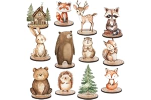 FYSUIMU 12Pcs Woodland Animal Wooden Table Sign Forest Animal Tabletop Centerpiece Rustic Tiered Tray Decor for Birthday Baby Shower Farmhouse Home Office
