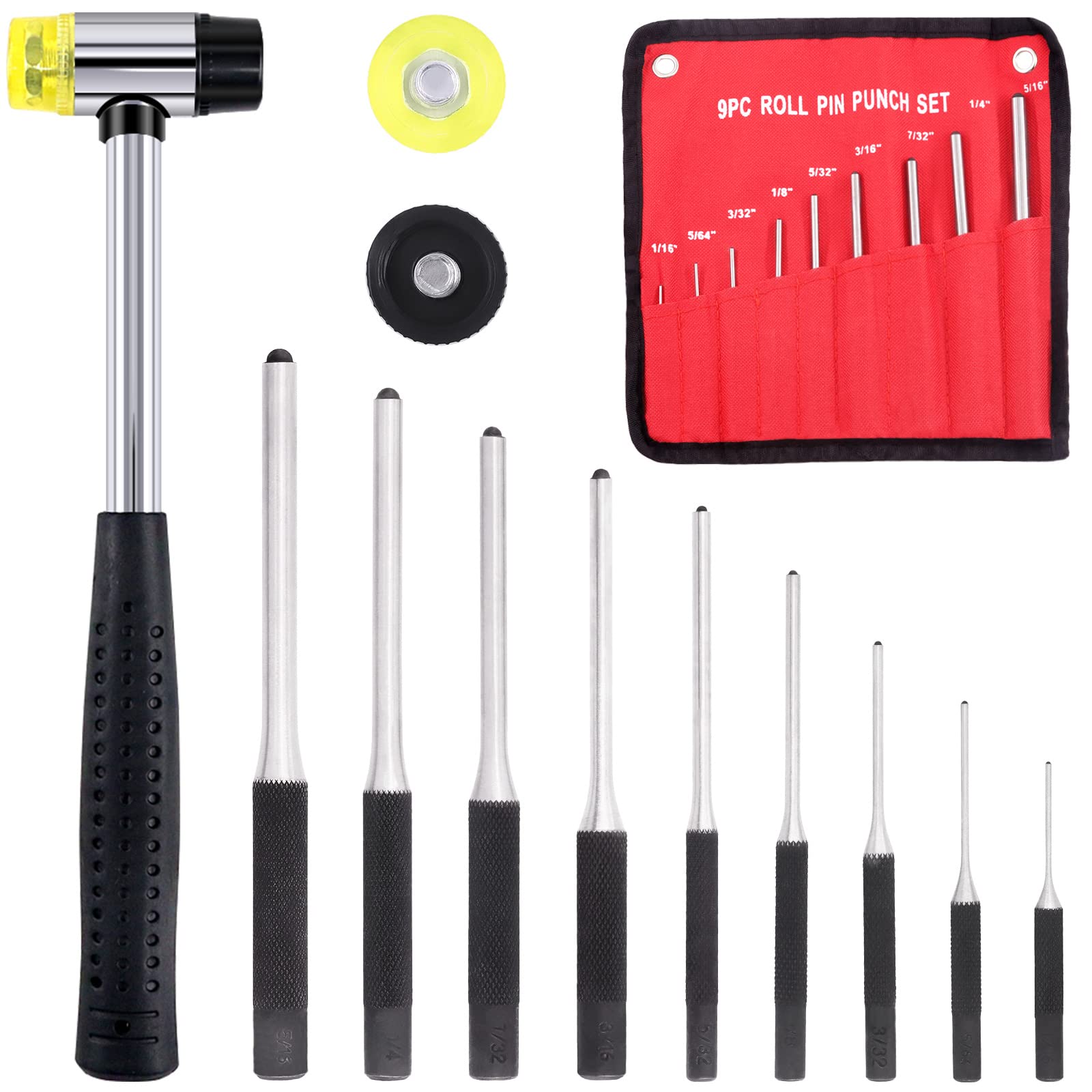 Cimeton 12Pcs Roll Pin Punch Set with Hammer and Storage Pouch, 9 Sizes 1/16" 5/64" 3/32" 1/8" 5/32" 3/16" 7/32" 1/4" 5/16'' Steel Removal Tool Kit for Jewelry Watches Craft Automotive…