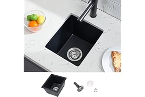 IKEBANA 13x15 inches Undermount Quartz Bar Sink Black, Single Bowl Undermount or Topmount Mini Small Kitchen Sink,Kitchen Wet Bar Sink, Black Quartz Composite Prep Bar Rv Sinks