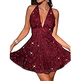 ShawGobow Floral Sequin Dress,Deep V Backless Sexy Mini Dresses for Women,Sparkly Outfits Homecoming Party