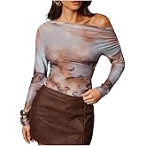 RoseSeek Women's Tie Dye Off Shoulder Tops Ruched Long Sleeve T Shirts Elegant Fall Outfits
