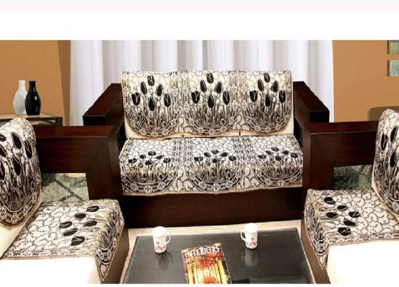 Zesture Bring Home Chenille flowered Sofa and Chair Cover Set (Multicolour, Standard) -6 Piece