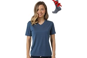 Merino.tech Merino Wool T Shirt Women - 100% Merino Wool Base Layer Women V-Neck Short Sleeve Tee with Hiking Socks