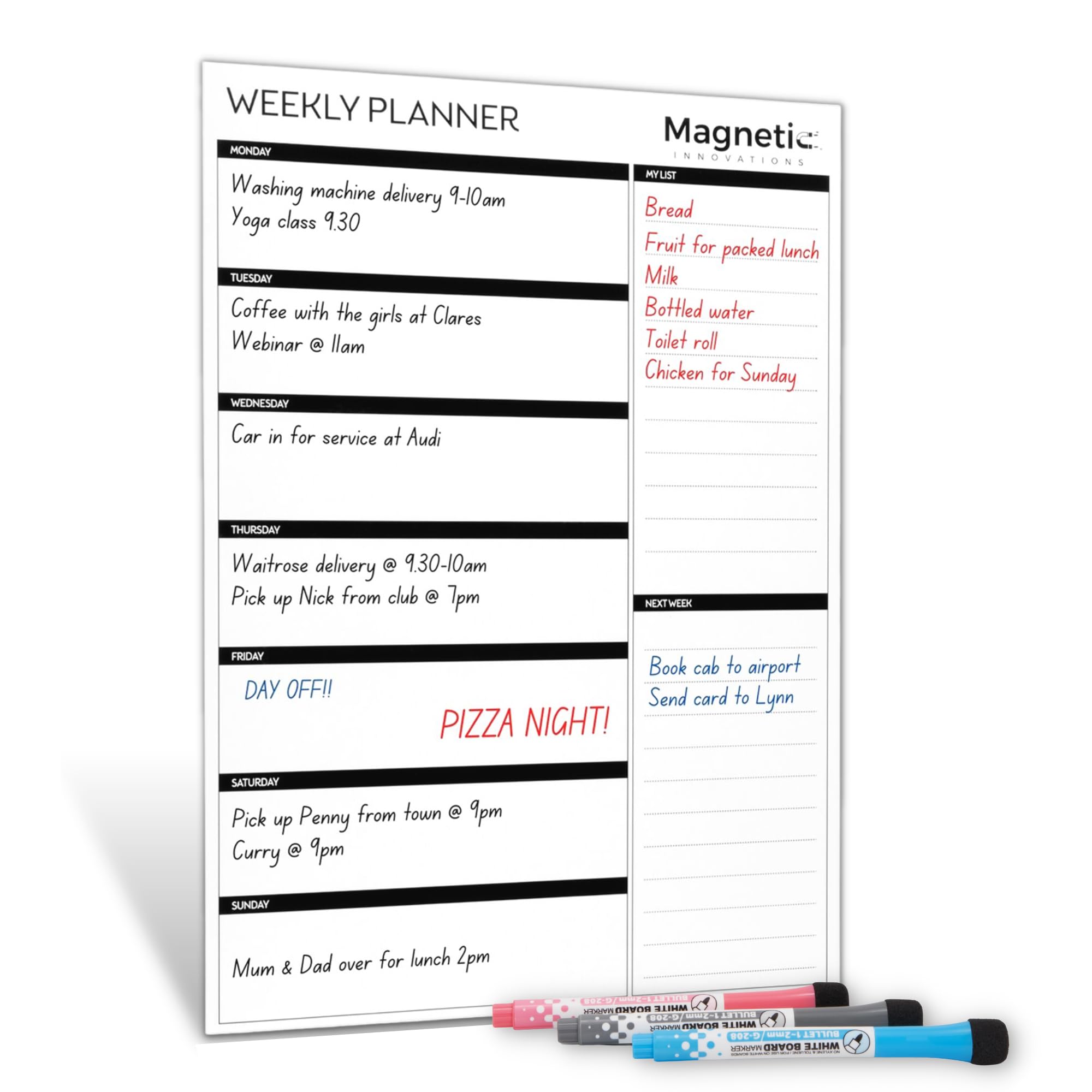 Magnetic Innovations A3 Magnetic Weekly Planner Fridge Whiteboard, Family Meal Planner and Shopping List - Memo Board for Appointments and Reminders