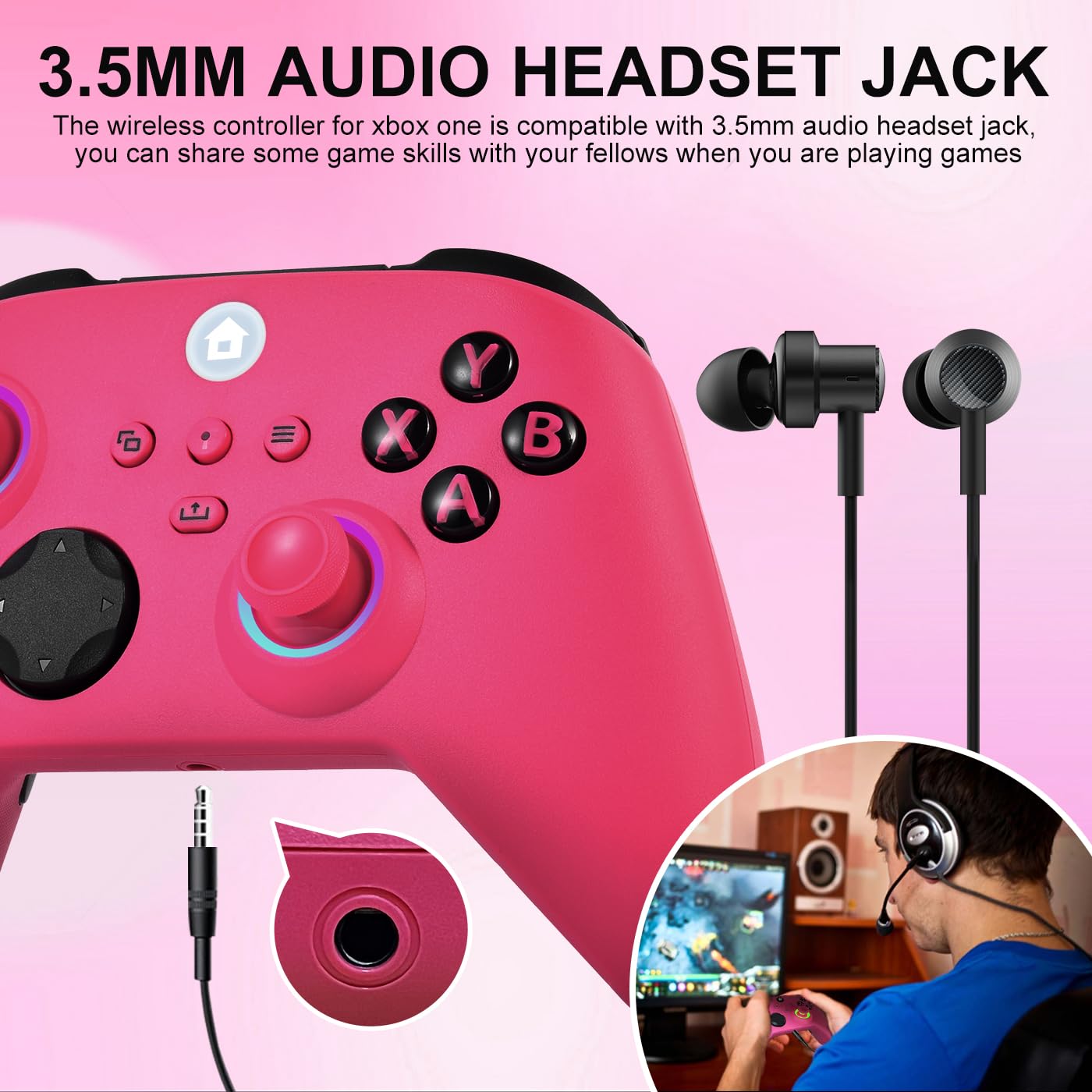 Xbox One Controller, RGB LED Light 2.4GHz Wireless Controller Compatible with Xbox One X/S Xbox Series X/S with 3.5mm Audio Headphone Jack & 800mAh Rechargeable Built-in Battery, Deep Pink