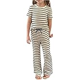 Verdusa Girl's 2 Piece Striped Outfits Knitted Short Sleeve Tops with Flared Pants Comfy Sets