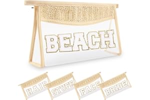 UIXIZQ Small Boho Straw Clear Beach Makeup Bags for Women&Girls, Zipper Cosmetic Bag Chenille Varsity Letter Patch Bag, Preppy Cute Toiletry Pouch, Trendy Organizer Storage Bag for Beach Travel Essentials