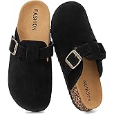Women's Suede Clogs Mens Leather Mules Comfort Cork Footbed Antislip House Sandals Arch Support Potato Shoes with Adjustable Buckle