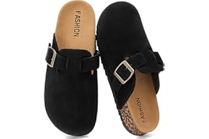 YORFOTMAE Women's Suede Clogs Mens Leather Mules Comfort Cork Footbed Antislip House Sandals Arch Support Potato Shoes with Adjustable Buckle