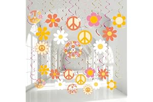 OUTUS 60's Hippie Theme Party Foil Swirl Decorations, 60s Groovy Party Retro Flower Cutouts Peace Sign Hanging Swirls Ceiling Decorations for 60s Hippie Theme Groovy Party Supplies, 30 Count (Lovely)