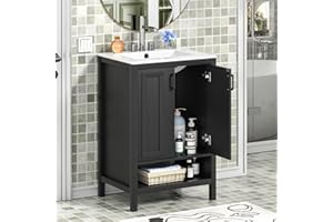 Anmytek Bathroom Vanity with Ceramic Sink, 24" Wood Bathroom Sink Cabinet with 2 Doors and Open Shelf, Black Modern Bathroom Vanity Cabinet Set (Faucet Not Included)