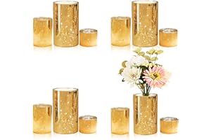 CHILL RECIPE Gold Cylinder Vases Glass Candle Holders Bulk, Mercury Hurricane Candle Holder Small Flower Vases for Centerpieces Tea Light Pillar Votive Candles Wedding Decor Party (4 Set 12Pcs)