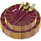 150Pcs Plastic Plates with Gold Rim,Heavy Duty Burgundy Plates for 30 Guests,Plastic Dinnerware Set Include 30 Dinner Plate,30 Dessert Plate,90 Gold Cutlery Set for Party (Burgundy)