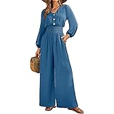 LOOKBOHO Womens Jumpsuits Long Sleeve V Neck Dressy Casual 2026 High Waist Romper Wide Leg Pants One Piece Outfits