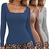 Women's 3-Pack Long Sleeve Scoop Neck T-Shirts | Cotton Blend Stretch Fitted Tops | Slim Fit Casual Basic Shirts