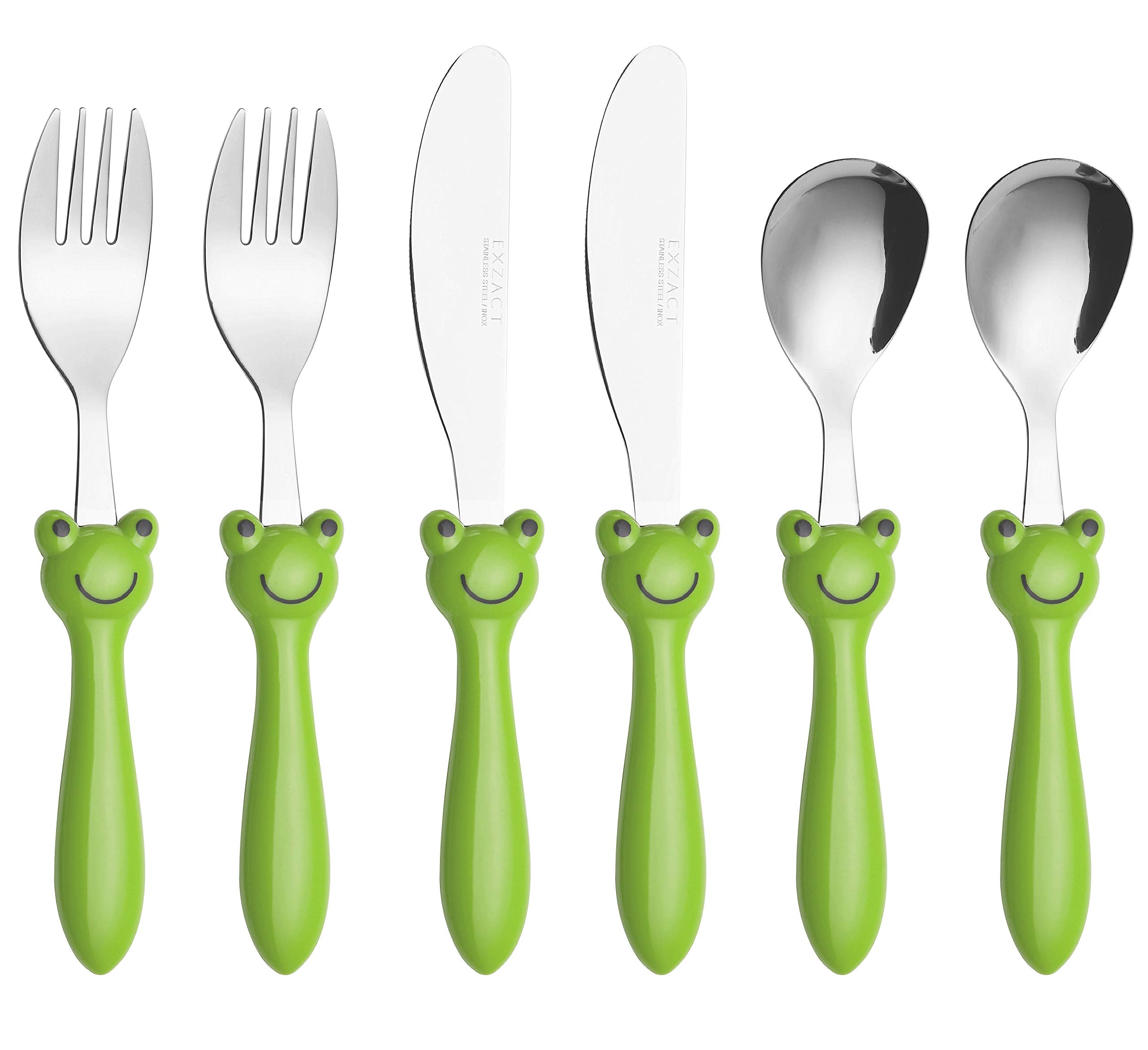 Exzact Children's Cutlery Stainless Steel 6pcs Set/Kids Cutlery/Toddler Utensils/Flatware - 2 x Forks, 2 x Safe Dinner Knives, 2 x Dinner Spoons (Frog x 6)