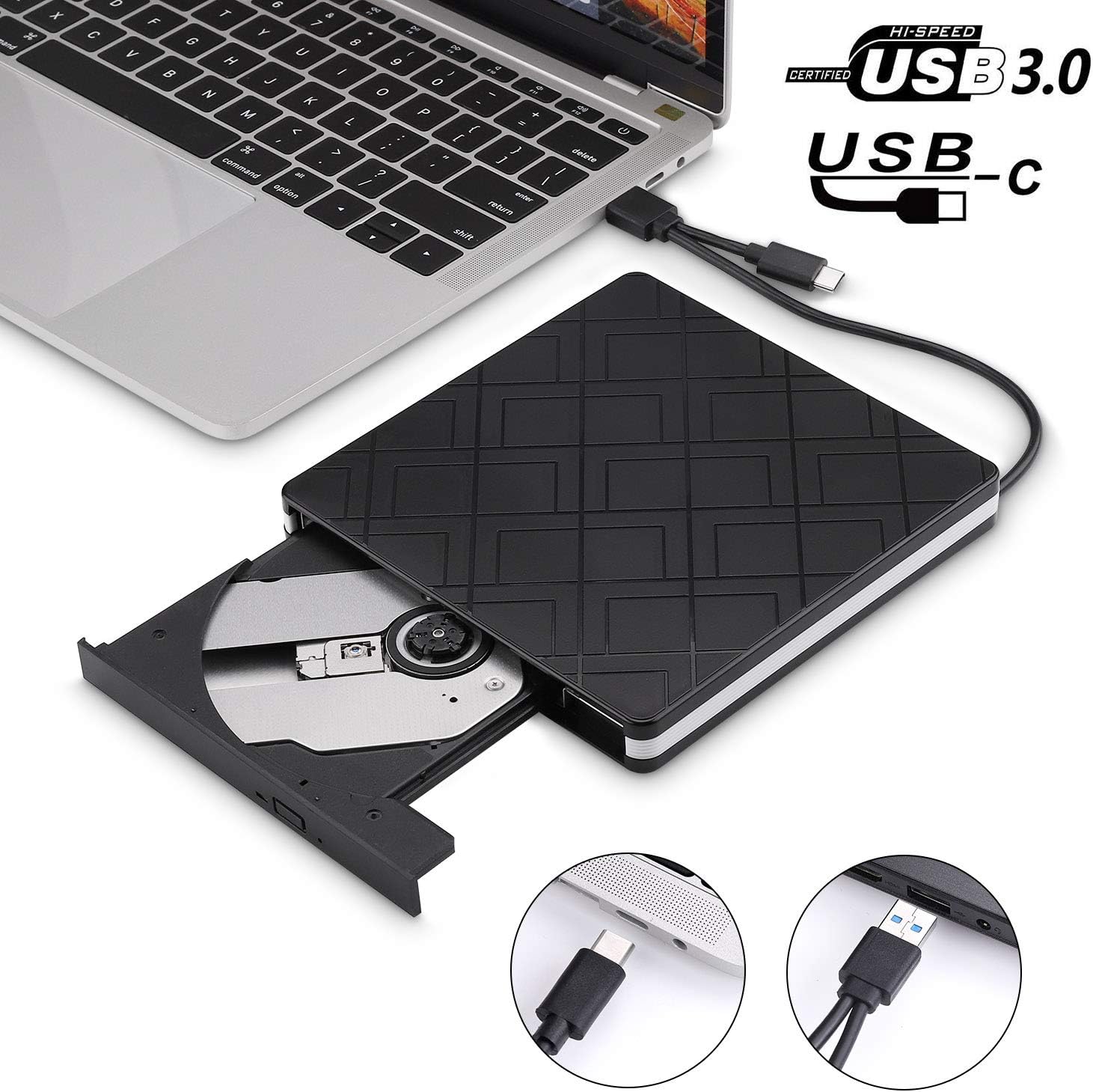 External DVD CD Drive, USB 3.0 Portable CD DVD +/- Slim Portable RW Drive Burner Writer ROM Rewriter, High Speed Data Transfer for Desktop/Laptop/ Black