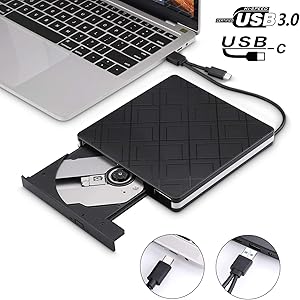 External DVD CD Drive, USB 3.0 Portable CD DVD +/- Slim Portable RW Drive Burner Writer ROM Rewriter, High Speed Data Transfer for Desktop/Laptop/ Black