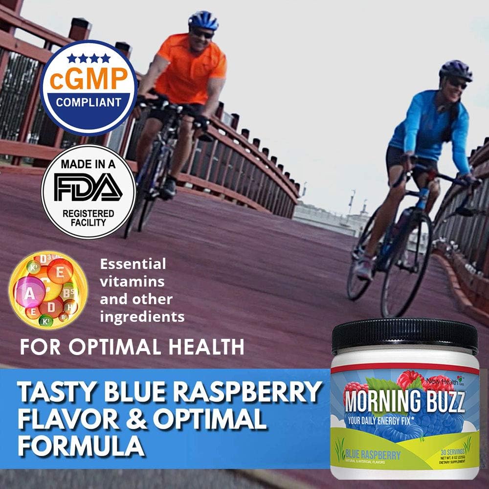 Morning Buzz Sports Energy Drink Mix by New Health, Pre Workout, Sports Nutrition Drink, Supports Lasting Energy, Endurance, Mental Clarity, and Metabolism, 8 Ounce Powder, 30 Servings(Blue Raspberry): Health & Personal Care