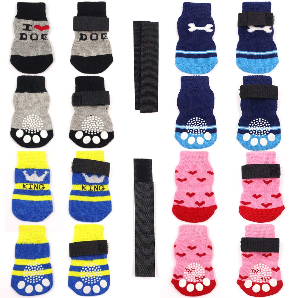 4 Pairs Anti-Slip Dog Socks and Cat Socks with Rubber Reinforcement and 8 small straps, Indoor Wear Pet Paw Protector for Hardwood Floors Small Dogs (S, Style3)