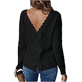 SOLY HUX Women's Sweaters Lace Bow Back Long Sleeve V Neck Pullover Casual Jumper Tops
