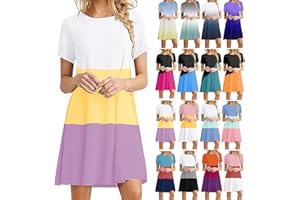 SMIDOW Womens 2023 Summer Casual T Shirt Dresses Trendy Color Block Short Sleeve Crewneck Loose Swing Dress Beach Sundress