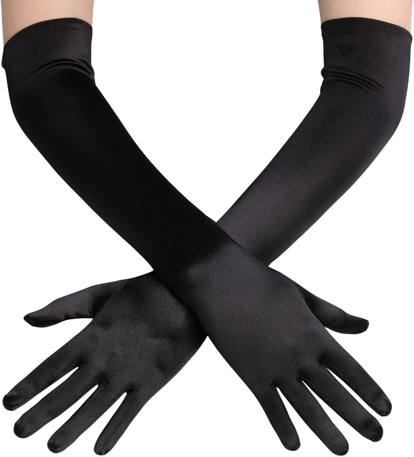 BABEYOND Classic Long Opera Pageant Party 1920s Satin Gloves Stretchy Adult Size Elbow Wrist Length 20.5" (Long Smooth 20.5in/Black): Clothing