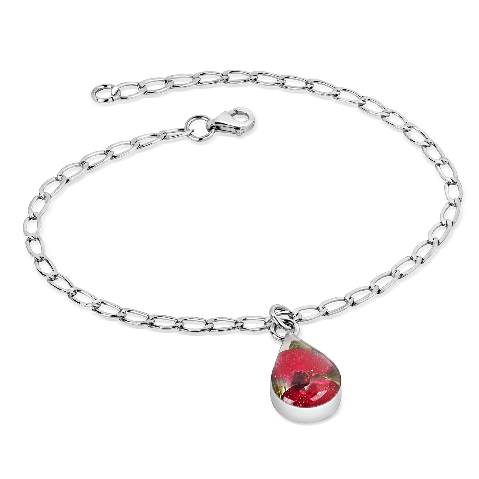 Natural Flower Jewellery Sterling Silver Flat Curb Chain Bracelet Made with Real Poppy