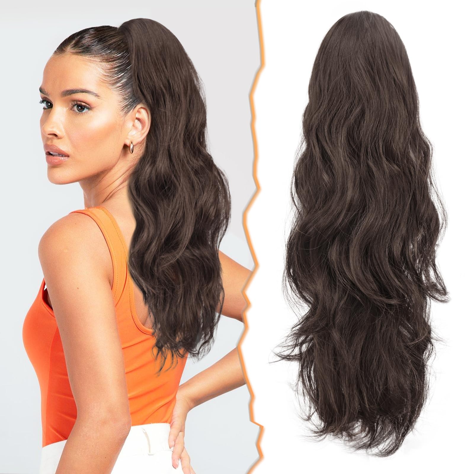 BARSDAR Claw Clip Ponytail Extension, Brown Long Wavy Clip in Ponytail Hair Extensions Curly Synthetic Hairpiece for Women Girls Daily Use Party (20'', Chestnut Brown)