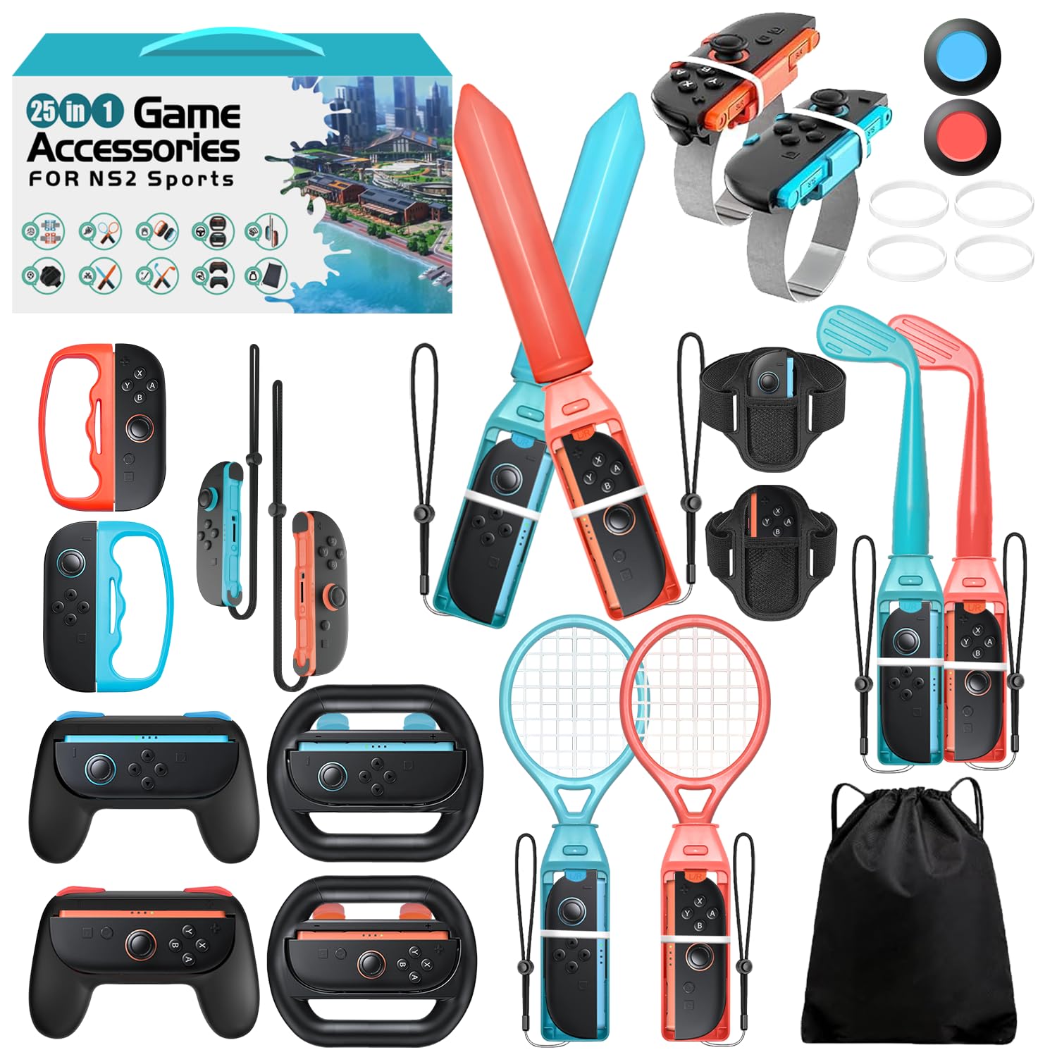 Switch 2 Sports Accessories, Wodbymat 25 in 1 Sports Bundle for Nintendo Switch 2 with 2 Tennis accessories 2 Handle 2 Steering Wheels 2 Bowling ball grip 2 Sword accessory Shared 2 grip 2 Golf 2 Binding tape 2 Wrist strap 2 Lanyard times 2 Lanyard 2 Rocker cap 1 Storage bag